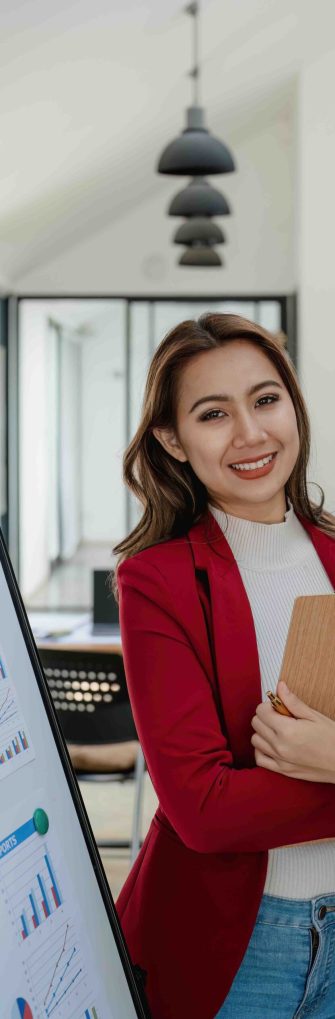 portrait of Beautiful young asian businesswoman presents business profits to colleagues at meeting, explaining business turn over on flipchart to coworkers in office with using tablet.